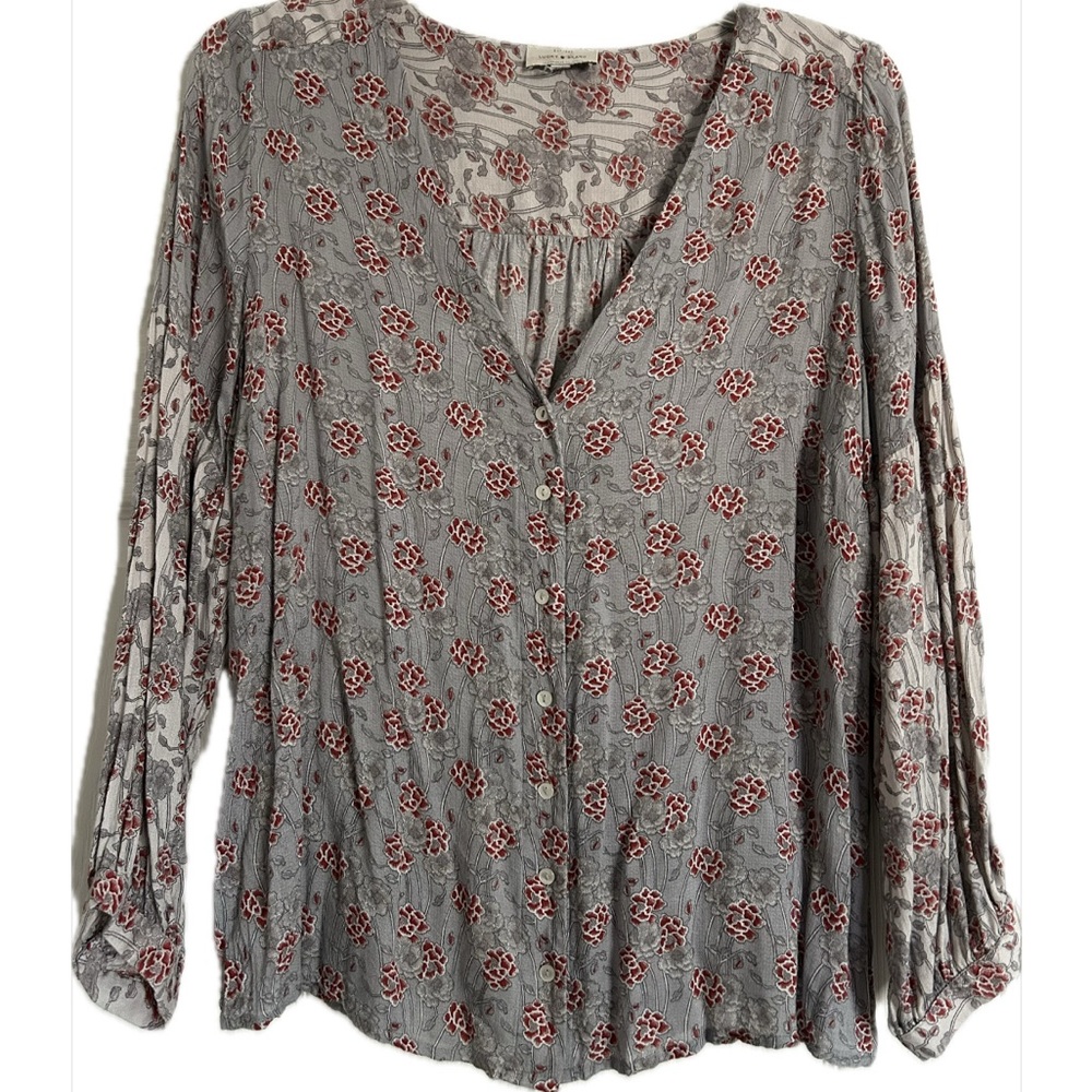 Floral V-Neck Blouse - Gray and Red